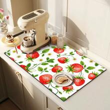 1pc Dish Drying Mat, Coffee Machine Pad, Strawberry & Leaf Floral Pattern, Vibrant Red & Green Color, Suitable For Dining Table & Cafe, Absorbent & Anti-Moisture, Multi-Purpose Drainage Mat, Home Gift, Desktop Decor - XYLSD-368 - View 3