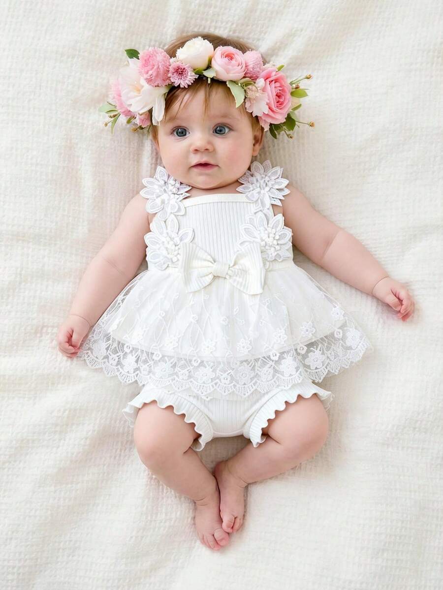 Toddler Set White Lace 3D Flower Sweet Cotton Ribbed Lace Camisole + Shorts Baby Outfit - White - View 1