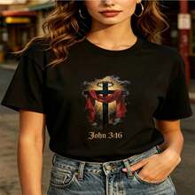 1 pieza clásica y versátil, camiseta corta de algodón puro con mangas cortas, dise?o bíblico de 3 puntos y 16 puntos del Evangelio de Juan para mujeres, estilo moderno - Negro - Ver 2