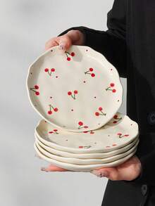 1pc/2pcs/4pcs 6-Inch Handmade Ceramic Plate, Underglaze Painted Cherry Cake Plate, Dessert Plate, Breakfast Bread Plate, Fruit Plate, Snack Plate, Nut Plate, Appetizer Plate, Also Can Be Used As Bone Dish, Suitable For Gatherings, Hotels, Elegant Gifts, Microwave, Oven, Dishwasher - Multicolor - View 2