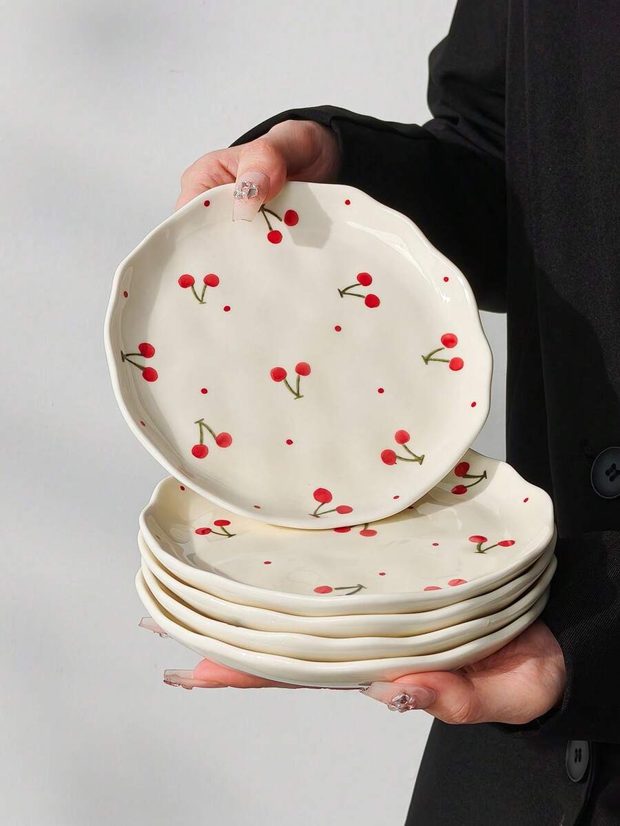 1pc/2pcs/4pcs 6-Inch Handmade Ceramic Plate, Underglaze Painted Cherry Cake Plate, Dessert Plate, Breakfast Bread Plate, Fruit Plate, Snack Plate, Nut Plate, Appetizer Plate, Also Can Be Used As Bone Dish, Suitable For Gatherings, Hotels, Elegant Gifts, Microwave, Oven, Dishwasher