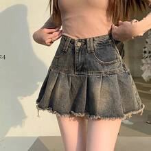 Women's Y2k High Waist Mini Skirts, Korean A-Line Denim Pleated Dress, Women's Fashion, Harajuku Blue Punk Denim Skirts, Summer - 藍色 - 查看 3