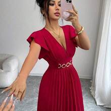 Elenzya New V-Neck Ruffle Sleeve Woven Solid Color Metal Decor Button Pleated Design Elegant Young Party Holiday Dinner Cocktail Maxi Dress For Women - Azul - Ver 7