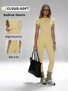 Conjunto de yoga para mujer, pantalones deportivos de cintura alta, conjunto deportivo moldeador de 2 piezas, conjunto de yoga con control de abdomen, camiseta de cuello redondo ajustada emparejada con pantalones de yoga de cintura alta, conjunto esen - Amarillo - Ver 10