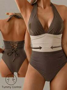Traje de baño de una pieza con control de abdomen, estilo minimalista de unicolor, con escote halter y espalda descubierta, para vacaciones de verano en la playa - Multicolor - Ver 1