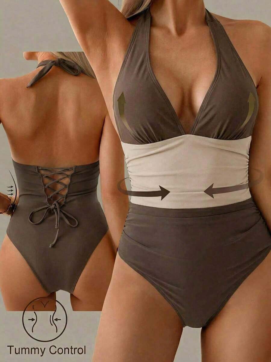 Traje de baño de una pieza con control de abdomen, estilo minimalista de unicolor, con escote halter y espalda descubierta, para vacaciones de verano en la playa - Multicolor - Ver 1