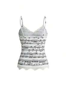 ROMWE Conjunto de 3 piezas con camiseta de tirantes con encaje y estampado de notas musicales y teclado de piano, estilo retro Y2K - Multicolor 3 - Ver 8