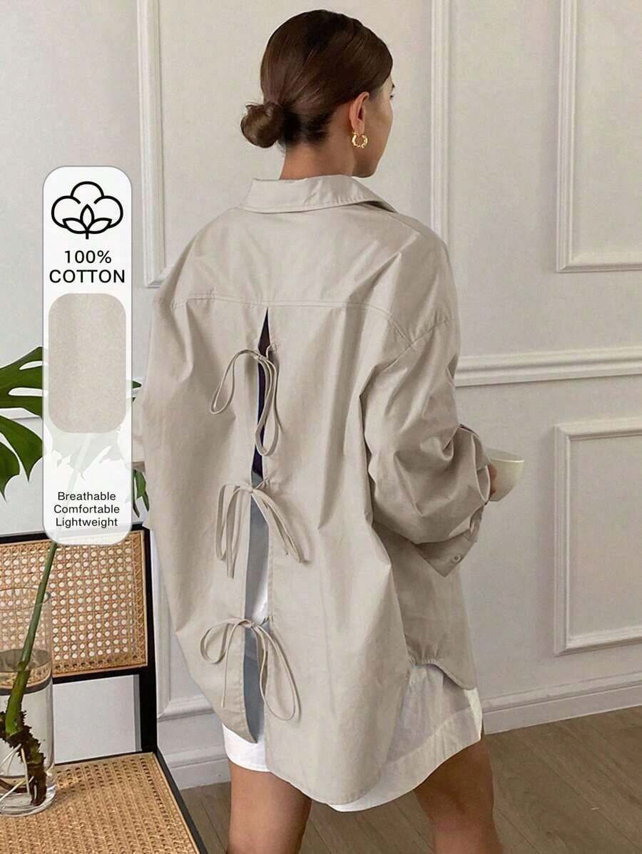 Blusa suelta de manga larga con cuello vuelto, abertura en la espalda y lazo, unicolor, ropa de otoño para mujer - Caqui - Ver 1