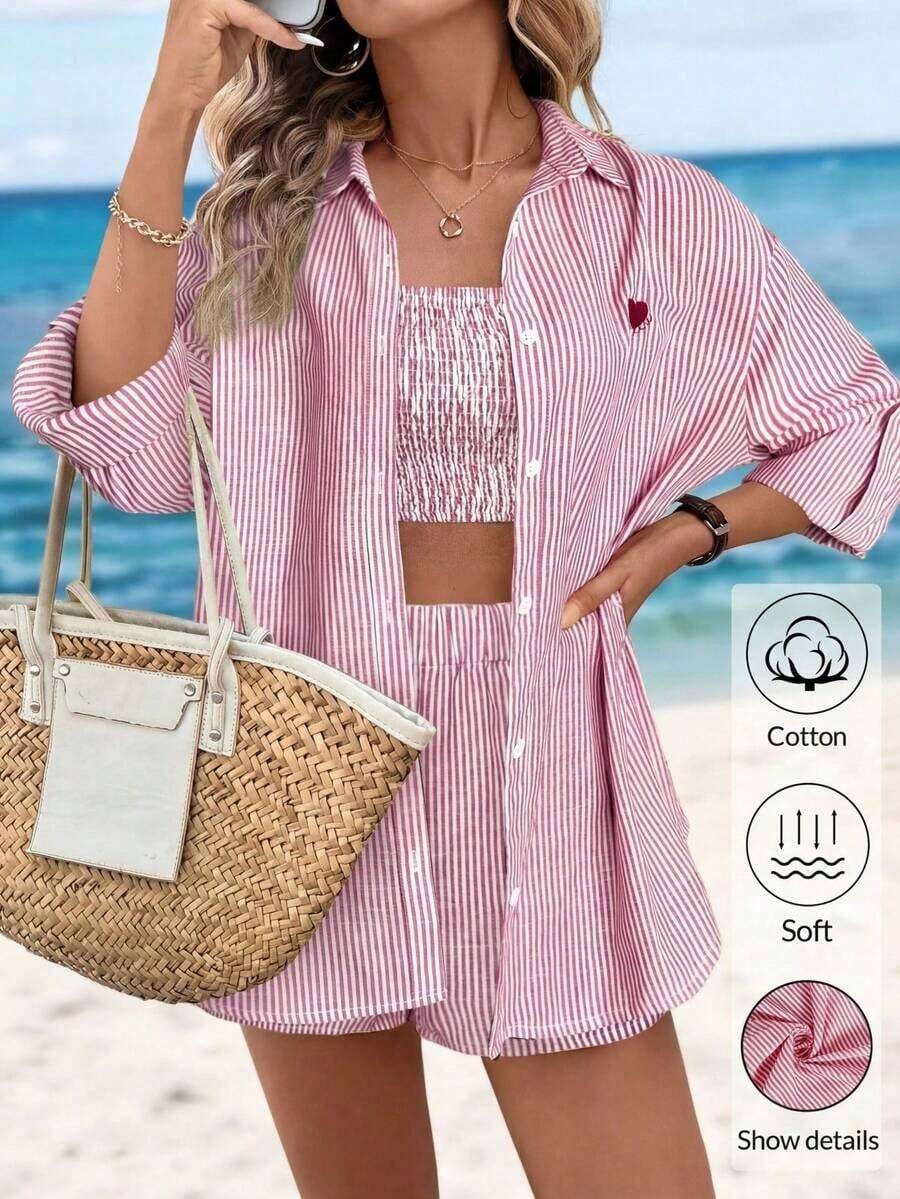 Conjunto de dos piezas de mujer en tela tejida color caqui: Top corto casual con cuello y pantalones cortos con mangas a la muñeca y detalles de bolsillo, para vacaciones - Rojo y blanco - Ver 1