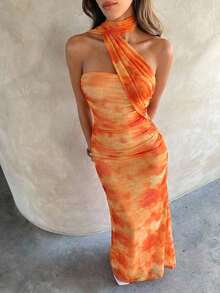 Vestido de mujer elegante y sexy con estampado floral de malla - Naranja - Ver 8