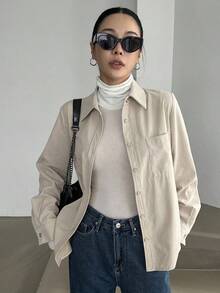 Camisa con botones y bolsillo con parche, blusas de manga larga, ropa de mujer para otoño - Beis - Ver 1