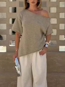 Blusa holgada de estilo sexy con hombros descubiertos, cuello enrollado, mangas enrolladas, bajo asimétrico, unicolor, de manga corta, de punto, casual, suelta, tipo murciélago, sobredimensionada, camiseta sexy, primavera, verano, otoño - Caqui - Ver 9
