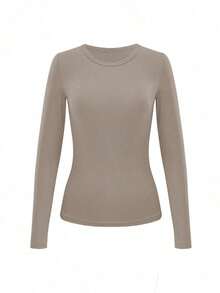 Set de 3 camisetas casuales de manga larga con cuello redondo y costillas de unicolor para mujer - Multicolor 2 - Ver 4