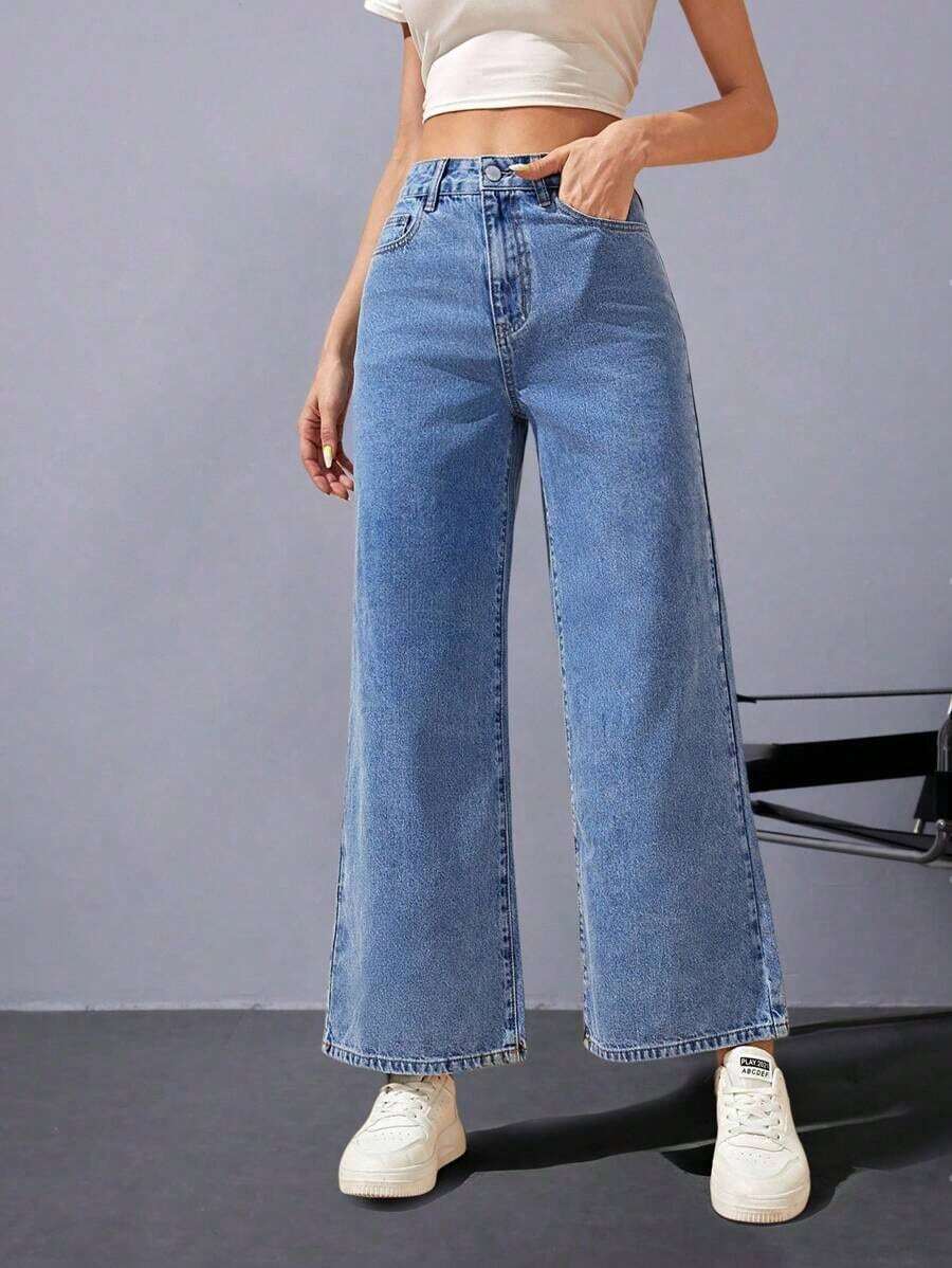 Jeans de mujer de cintura alta y pierna recta - Lavado ligero - Ver 1