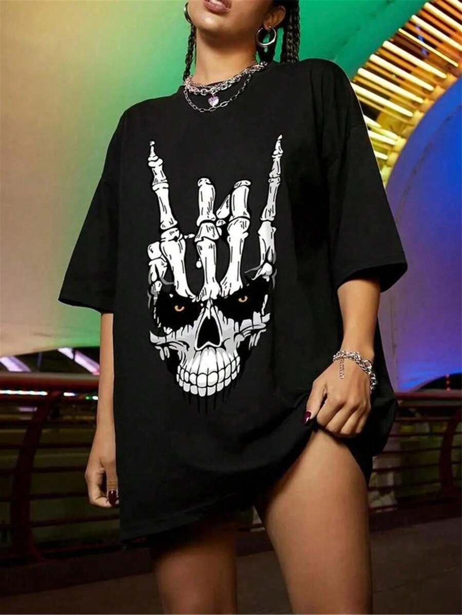 Camiseta de manga corta para mujer con estampado de mano de esqueleto y calavera, apta para uso diario, salidas casuales, fines de semana, eventos y salidas nocturnas, estilo relajado, de cuello redondo, confeccionada en poliéster, ideal para primavera y verano. Envío nacional disponible en México. - Negro - Ver 1
