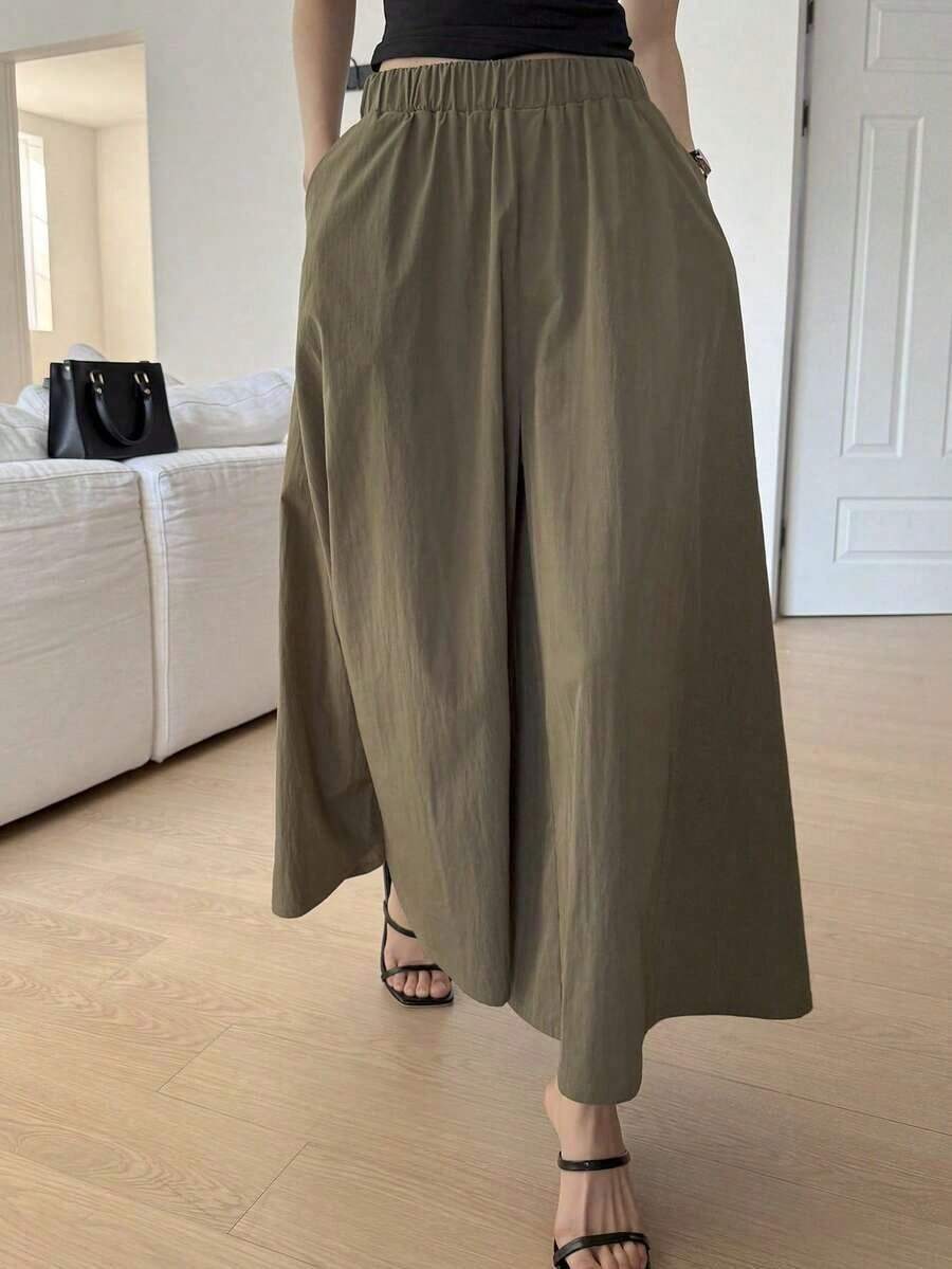 Pantalones anchos y cortos de unicolor elegantes y holgados para mujer, adecuados para el verano y el otoño - Marrón - Ver 1