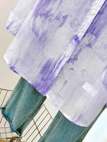 Camisa de protección solar con efecto tie-dye dulce para mujer, de cuello de solapa y manga larga, informal para exteriores/vacaciones, holgada, transpirable y ligera, estilo camisa, color rosa, para primavera/verano - Morado - Ver 10