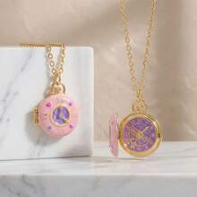 Openable Enamel Pocket Watch Locket Necklace, Gold/Silver Plated Whimsical Clock Charm Pendant, Cute Alice In Wonderland Inspired Jewelry For Women - Dây chuyền đồng hồ bỏ túi bằng bạc - Xem 2