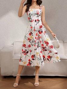 1 pieza Vestido Elegante Estampado con Cintura Ajustada para Mujer - Rojo - Ver 4