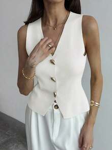 Blusa sin mangas de punto de un solo pecho con tirantes anchos, casual de verano, para otoño/invierno, verano, vacaciones, simple para ir al trabajo, con hebilla metálica única para oficina - Blanco - Ver 7