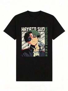 Fashion Printed T‑Shirts for Women, Oversized Streetwear Tops, Comfortable and Stylish All‑Match Summer TeesCamiseta de manga corta de cuello redondo suave y casual de verano para mujer, con estampado vintage de personaje de anime Hayato Sudo Wind Breaker con texto en kanji. - Negro - Ver 4