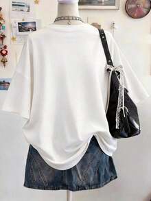 Women's Loose-Fitting, Round-Neck, Dropped-Shoulder, Mid-Length T-Shirt With Textured Digital Print Pattern, A Gift For Friends - White - View 2