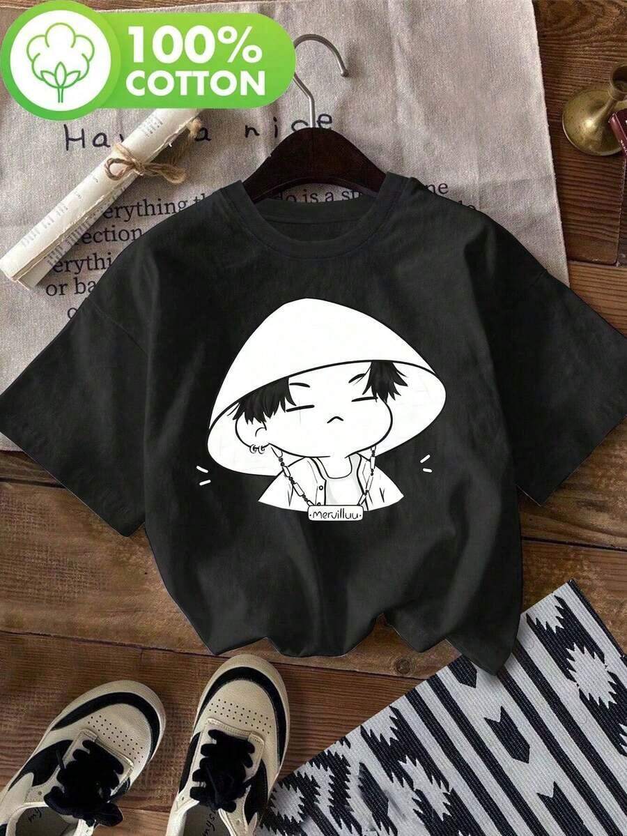 Camiseta de mujer con estampado de personaje de dibujo animado AGUST D - Camiseta casual de manga corta con cuello redondo, transpirable y lavable a máquina para verano y primavera, camisetas para damas, atuendo casual, camiseta gráfica, camiseta cómoda, moda de primavera, diseño juguetón, material suave, camiseta impresa, amantes de la moda ofertas de playera de hombre, tops, sudaderas para mujer - Negro - Ver 1
