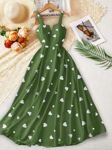Vestido largo casual y sencillo 2025 nuevo con cuello en V, cinta en la cintura y estampado completo de corazón, con tirantes anchos, elegante y lindo para San Valentín, vacaciones y citas - Negro 2 - Ver 8