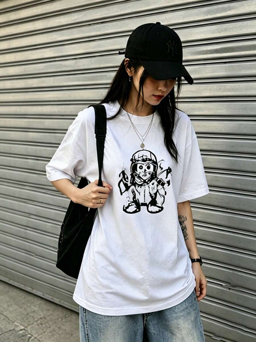Envío local:Playera Blanca para Mujer con Estampado de Astronauta, Camiseta Básica Manga Corta Cuello Redondo Cómoda para Verano, Estilo Casual Urbano - Blanco - Ver 1