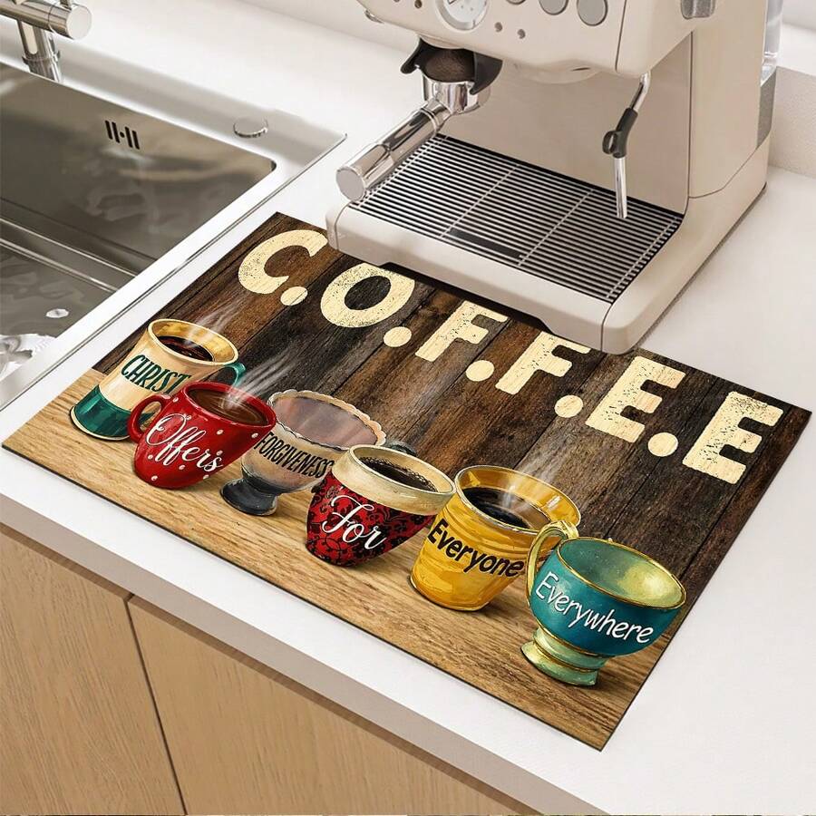 1pc Colorful Coffee Print Pattern Absorbent Mat/Drying Mat For Coffee Maker, Dishes - Absorbent Polyester Desktop Protective Mat With Rubber Anti-Slip Pad, For Kitchen Counter Decor, Home Bar And Dining Table - Multicolor - View 1