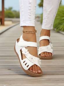 Women's Color Block Platform Sandals, Casual Open Toe Thick Bottom Flat Shoes, Comfortable Beach Slippers - White - View 4