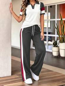 Bộ 2 món áo thun ngắn tay cổ polo phối màu tương phản dành cho nữ và quần ống rộng cạp chun, bộ áo thun ngắn tay cổ tròn phối màu tương phản và quần ống đứng cạp chun có dây rút, trang phục mặc nhà thời trang thường ngày, bộ đồ thể thao mùa hè. - Xám đậm 85 - Xem 4