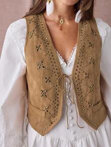 Chaqueta tipo chaleco con decoración de strass y cierre delantero en estilo western para mujer en otoño/invierno - Marrón - Ver 2