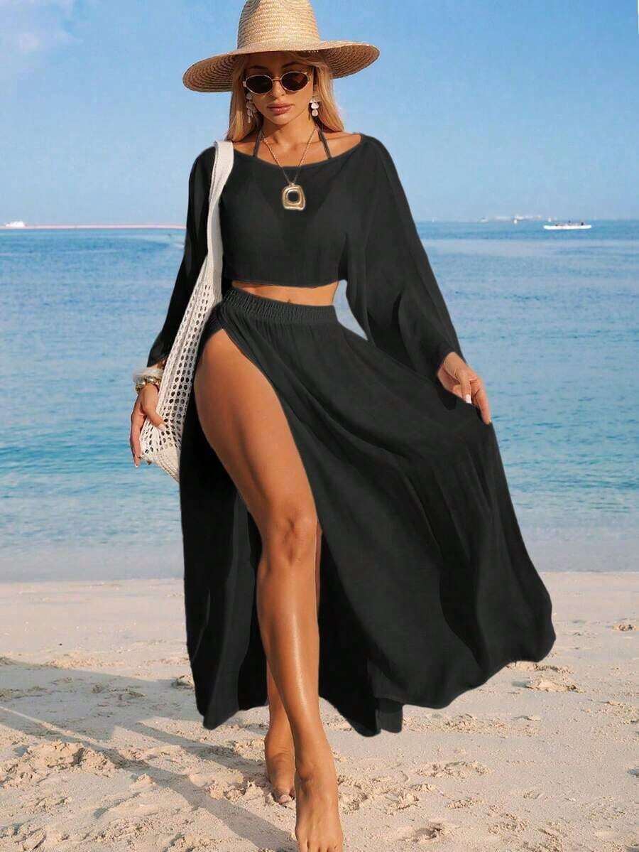 Nevyona Conjunto de dos piezas de cubrecuerpo casual de manga larga y abertura para mujer, color blanco - Negro - Ver 1