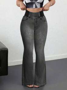 Tall Pantalones vaqueros de mujer casuales, ajustados y elásticos con vuelo, pantalones vaqueros azules ajustados de cintura alta con vuelo para mujeres altas, pantalones vaqueros de verano - Gris Oscuro - Ver 3
