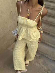 Conjunto de 2 piezas de top de tirantes y pantalones de estilo jacquard elegante para mujer, para verano - Amarillo 2 - Ver 6