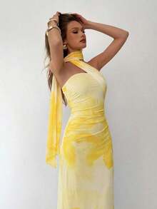 Vestido de mujer elegante y sexy con estampado floral de malla - Amarillo - Ver 4