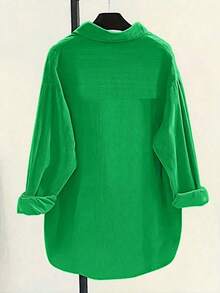 Camisa de manga larga casual de mujer de pana con bordado de letras, primavera - Verde - Ver 2