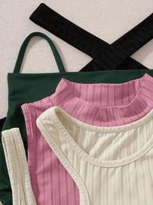 Unity Set de 4 tops de tirantes de punto acanalado de unicolor, moda de verano - Multicolor 4 - Ver 3