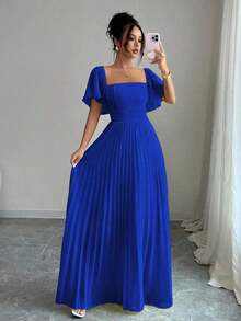 Vestido de línea A para mujer de color amarillo crema con cuello cuadrado y cintura ceñida, elegante y romántico - azul real - Ver 5