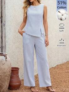 2 piezas Conjunto casual de uso diario con top y pantalones con diseño de abertura de jacquard para mujer - Blanco 2 - Ver 1