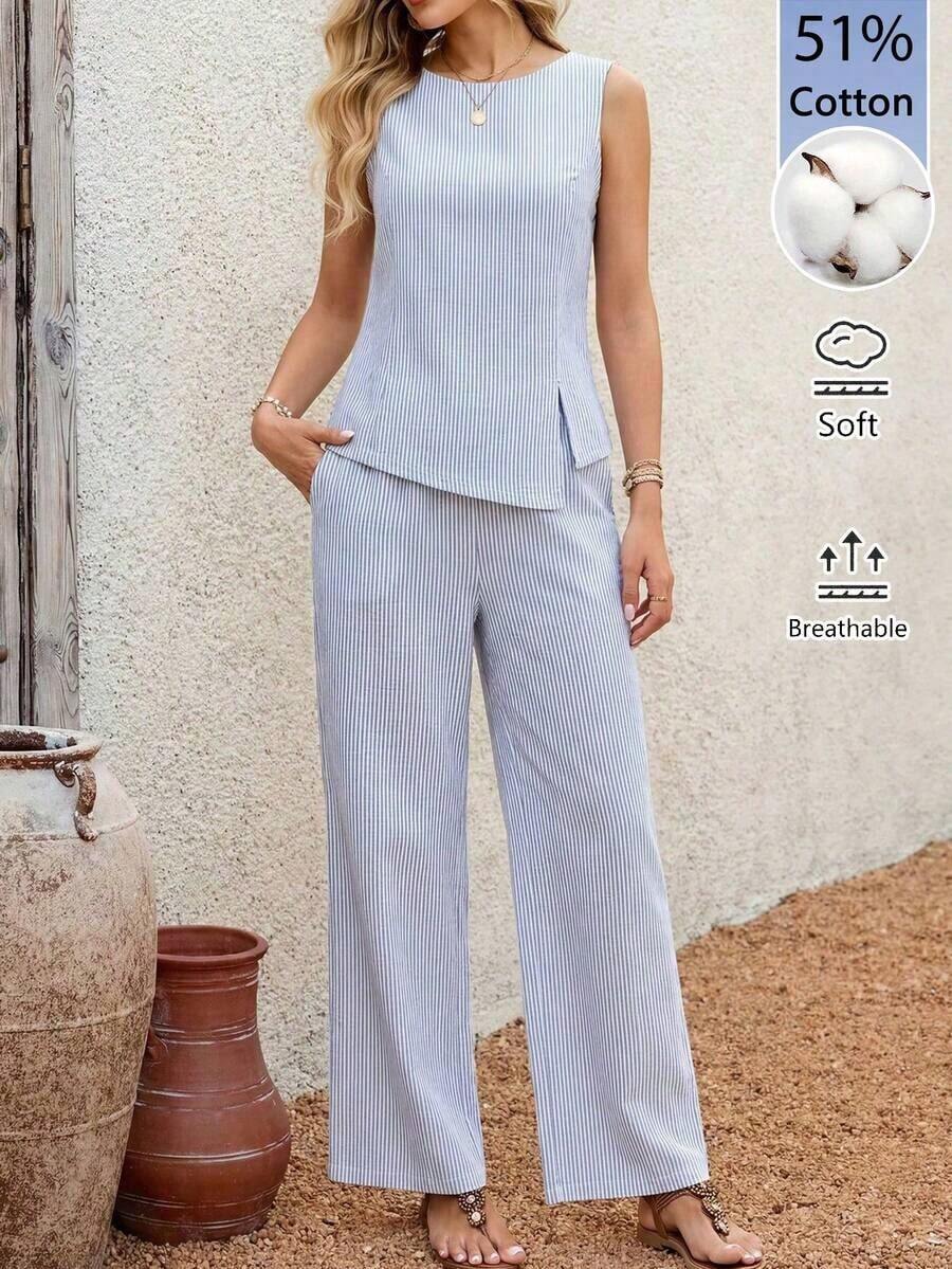 2 piezas Conjunto casual de uso diario con top y pantalones con diseño de abertura de jacquard para mujer - Blanco 2 - Ver 1