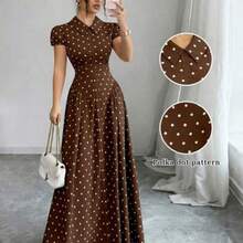 Elenzya Women's Woven Polka Dot Print Fabric Turndown Collar Button Front Gathered Lantern Sleeve Waist Gathered A-Line Elegant Vintage Fashion Business Commute Outing Holiday Black & White Polka Dot Dress, Spring/Summer - Marron oscuro - Ver 1