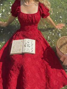 Vestido amarillo de longitud media con mangas de pétalos y cintura con lazo - Rojo - Ver 9