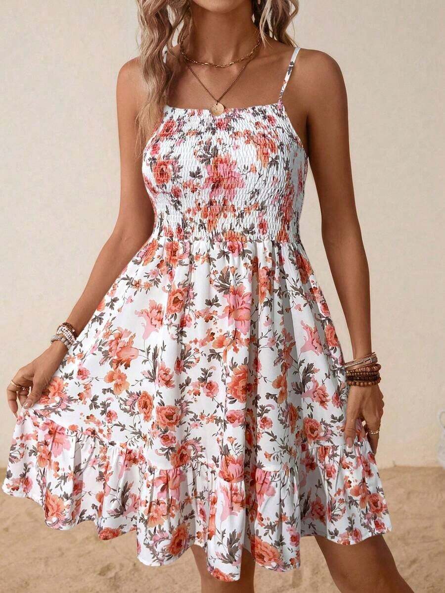 Vestido de verano de mujer con tirantes finos y estampado floral diminuto - Naranja - Ver 1