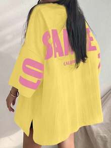 Camiseta holgada de mujer con cuello redondo, hombros caídos y estampado de letras - Amarillo - Ver 5