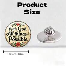 2D FLAT Christian Inspirational Quote Stainless Steel Brooch "With God All Things Are Possible" Scripture Faith Badge, Vintage Floral Print Design, Religious Commemorative Accessory, Unique Creative Gift Brooch - A - View 2