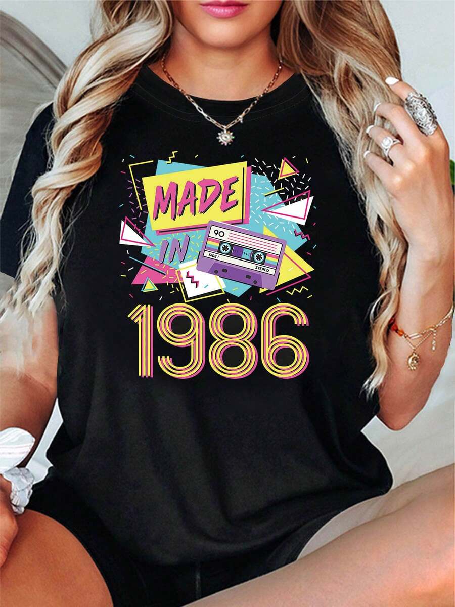 Women's Retro 80s Theme T-Shirt With 1986 Cassette Design - Geometric Explosion Decoration, Retro Cassette And Link, Casual Short Sleeve, Pink-Yellow-Blue, 80s Retro Top For 1986 Birthday - 黑色 - 查看 1