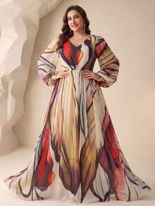 SUPGIR [Random Floral Watercolor Print] V-Neck Digital Printed Lantern Sleeve Elegant Chiffon Dress - Multicolor - View 1