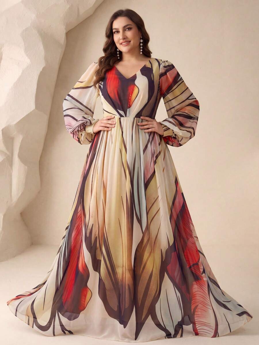 SUPGIR [Random Floral Watercolor Print] V-Neck Digital Printed Lantern Sleeve Elegant Chiffon Dress - Multicolor - View 1